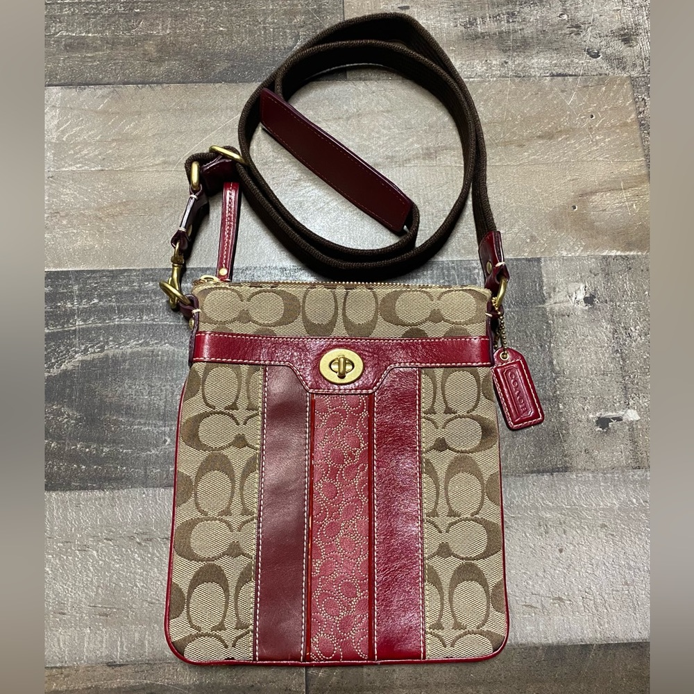 Coach Signature Messenger Crossbody Bag Red and Brown
